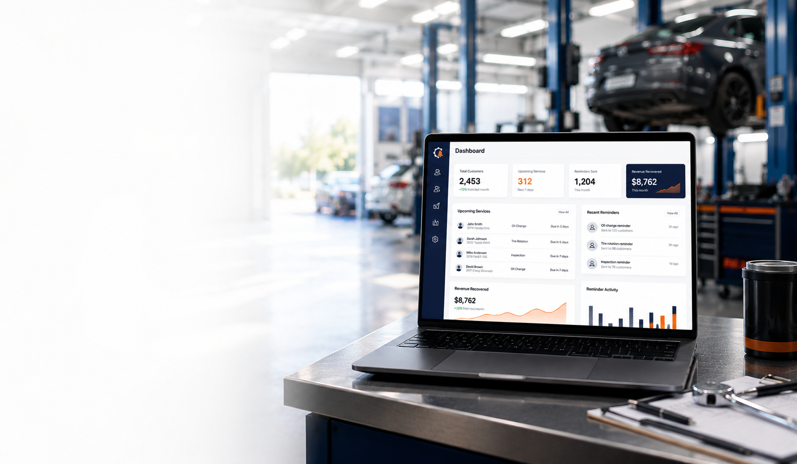 UpkeepAlerts dashboard displayed inside an automotive service shop